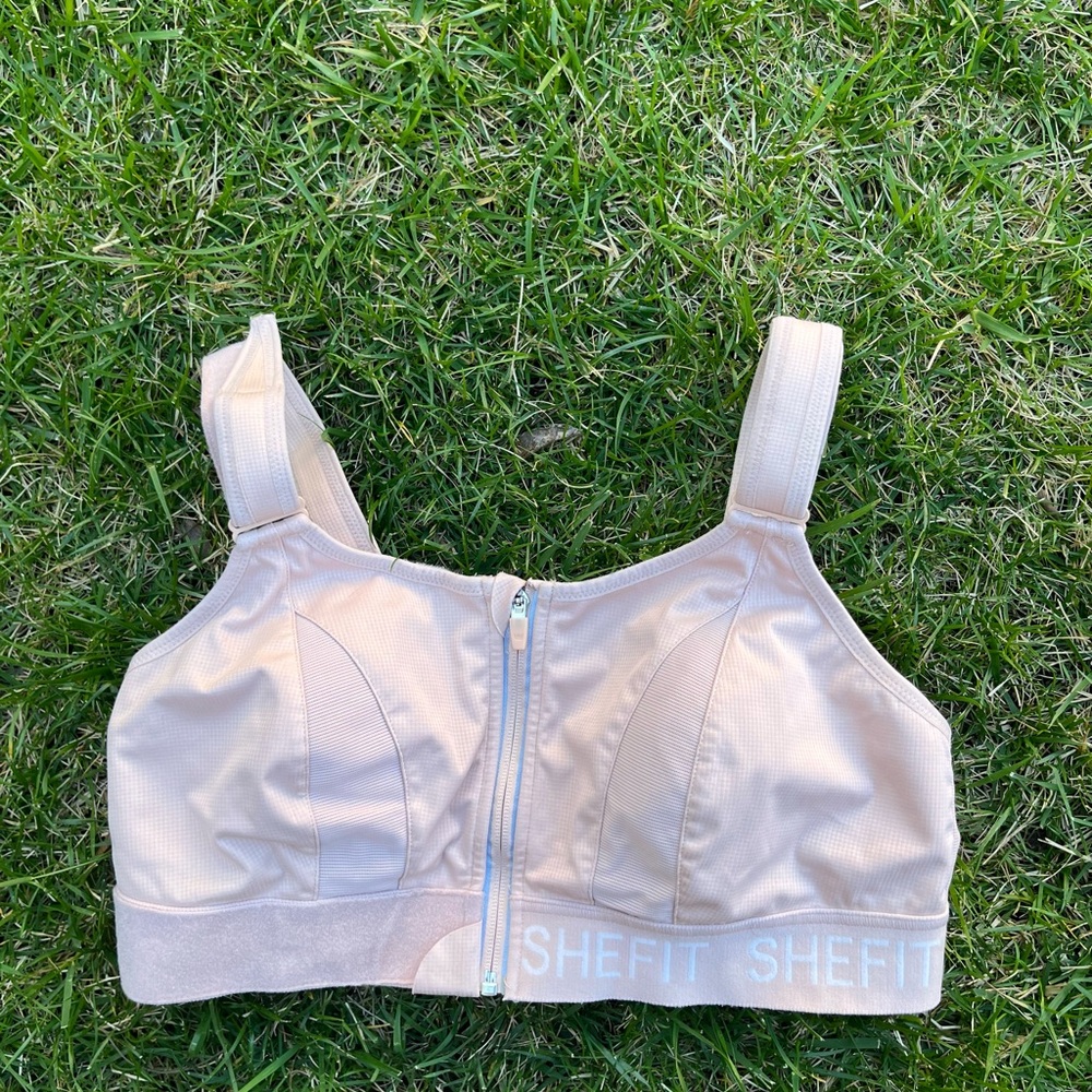 SheFit Light Beige Front-Zip Support Sports Bra